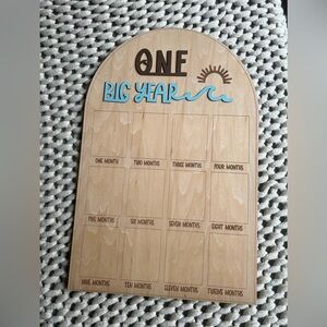 One big year Wooden Milestone Board with Blue and Brown Accents